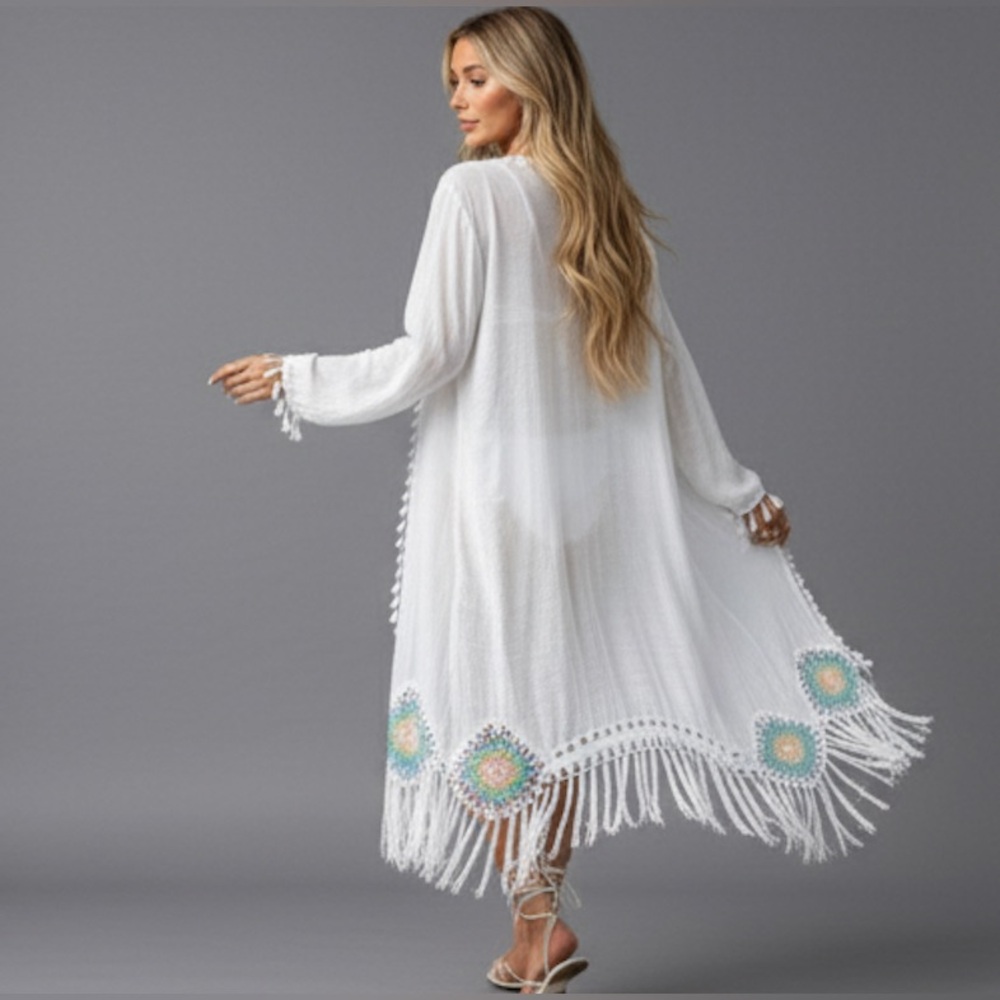 White Crochet Fringe Hem Coverup Kimono